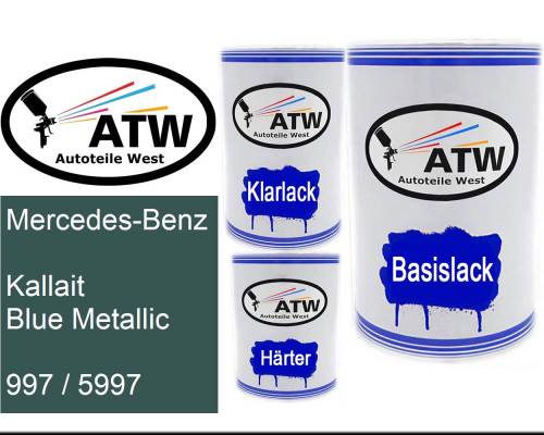 Mercedes-Benz, Kallait Blue Metallic, 997 / 5997: 500ml Lackdose + 500ml Klarlack + 250ml Härter - Set, von ATW Autoteile West.
